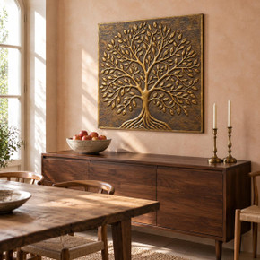Spreading Oak Tree of Life, hand-embossed solid brass panel in aged bronze: hung above a sideboard in a dining room