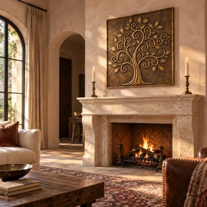 Spiral Branch Tree of Life, hand-embossed solid brass in aged bronze: above a fireplace mantel