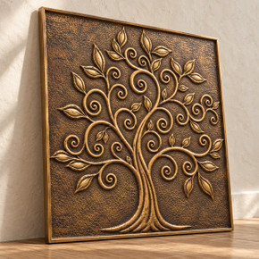 Spiral Branch Tree of Life, hand-embossed solid brass in aged bronze: three-quarter view showing the 10 mm edge and rim