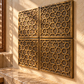 Star Mesh, hand-embossed solid brass in aged bronze: close-up of the 6 mm tile edges and raised rims