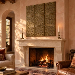 Interlaced Stars, hand-embossed solid brass in aged bronze: feature panel above a living room fireplace