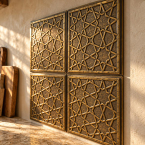 Interlaced Stars, hand-embossed solid brass in aged bronze: close-up of the 6 mm tile edges and raised rims