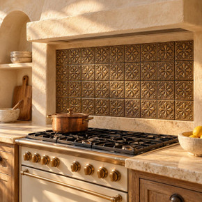 Maltese Bloom, hand-embossed solid brass in aged bronze: kitchen backsplash