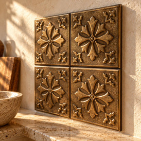 Maltese Bloom, hand-embossed solid brass in aged bronze: close-up of the 6 mm tile edges and raised rims