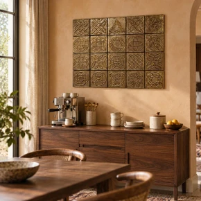 Celtic Knot Collection B, 20 hand-embossed solid brass 4 inch tiles in aged bronze: dining room coffee station backsplash