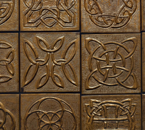 Celtic Knot Collection B, close-up of the hand-embossed knots, aged bronze