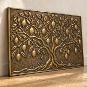 Lemon Tree, one hand-embossed brass wall panel in aged bronze: three-quarter view showing the 10 mm edge and plain raised rim