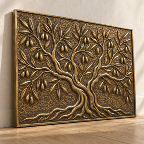 Olive Tree, one hand-embossed brass wall panel in aged bronze: three-quarter view showing the 10 mm edge and plain raised rim