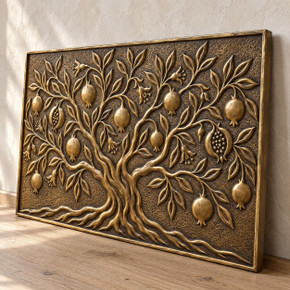 Pomegranate Tree, one hand-embossed brass wall panel: three-quarter view showing the 10 mm edge and plain raised rim