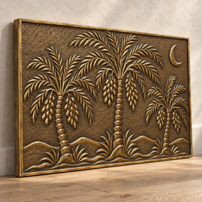 Date Palm Oasis, one hand-embossed brass wall panel: three-quarter view showing the 10 mm edge and plain raised rim