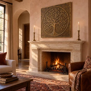 Slender Branch Tree of Life in a circle, one hand-embossed brass wall panel: hung above a fireplace or sofa in a living room