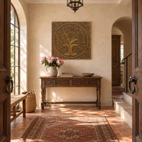 Swirling Tree of Life in a circle, one hand-embossed solid brass wall panel in aged bronze: hung in an entrance hall