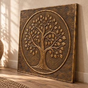Old Oak Tree of Life in a circle in hand-embossed brass: three-quarter view showing the 10 mm edge and plain raised rim