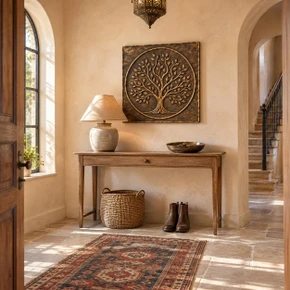 Open Branch Tree of Life in a circle, one hand-embossed solid brass wall panel in aged bronze: hung in an entrance hall