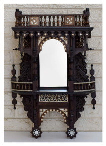 Syrian Carved Mirror with Shelf and Balustrade, Mother of Pearl, 28 in