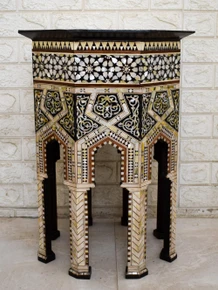 Octagonal Mother of Pearl Side Table with Pointed-Arch Skirt, 23 in — detail 1