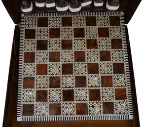 Egyptian Chess Board, 12" * 12" Chess Game, Board Game, Handmade Mother of Pearl Inlaid Wooden marquetry Board, Camel Bone Carved Pieces - front view