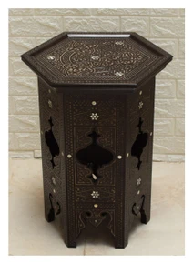 Syrian Deep-Carved Side Table with Mother of Pearl Top, 23 in