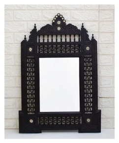 Moroccan Mashrabiya Carved Mirror Frame with Arcaded Crest, 32 in