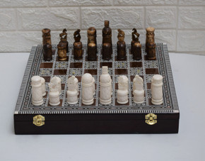 Egyptian Chess Board, Chess Game, Board Game, Handmade Mother of Pearl Inlaid Wooden Mosaic Chess Board 16 * 16", Bone Chess Pieces