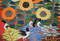 33x24" Handwoven Egyptian Wool Tapestry, Sunflowers Sunset Red Wall Hanging, Signed Original Folk Art