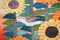 33x24" Handwoven Egyptian Wool Tapestry, Sunflowers Sunset Red Wall Hanging, Signed Original Folk Art
