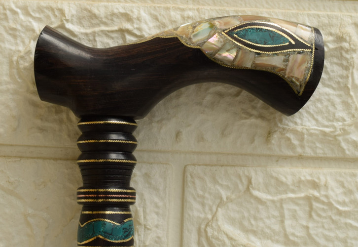 Handmade 36" Malachite and Mother of Pearl Inlaid Wooden Stick, 92 cm Egyptian Walking Cane , Ebony Wood Walking Stick