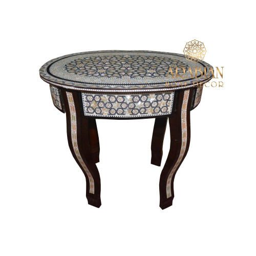 Oval 19" * 13" Egyptian Mother of Pearl Inlaid Side Table, Mosaic Wooden Table, Coffee & End Table, Entryway Side Table, Moroccan Furniture
