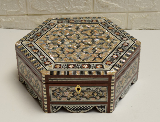 Handmade Egyptian Mother of pearl Mosaic Wooden Jewelry Box, 10.5" Wide Wood Jewelry Box, Morocco Marquetry Storage Organizer, Wedding Gift