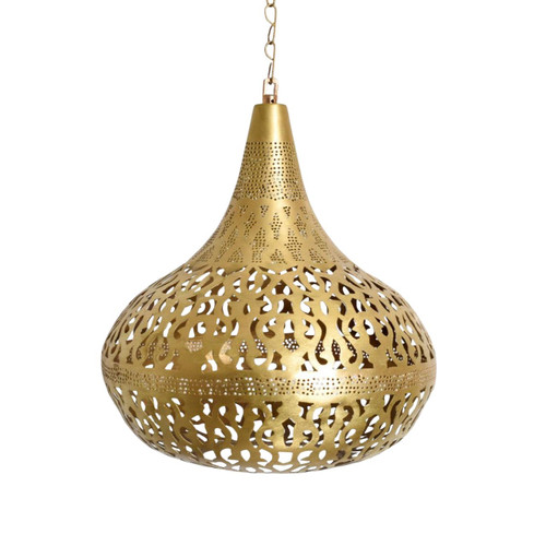 Brass Moroccan Lantern Pendant Light – Outdoor boho hanging lamp ideal for patios, porches, or covered dining areas, blending traditional handcrafted brass with warm ambient glow.