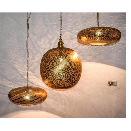 Handmade brass ceiling fixture with Moroccan patterns