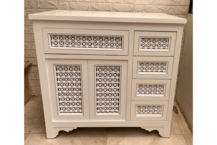 Mashrabiya bathroom vanity cabinet in hand-cut solid wood