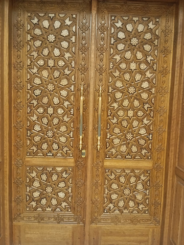 Hand-carved star geometric mashrabiya wood door, double-leaf