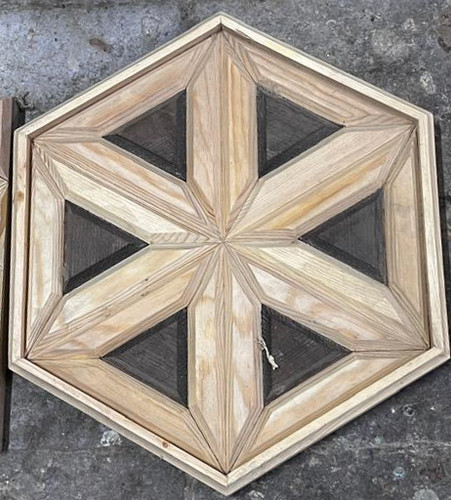 Hexagonal Six-Point Star Wood Mosaic Ceiling Panel — Beech & Walnut Marquetry, Custom Size