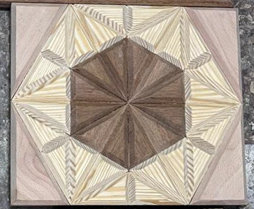 Chevron-Ray Star Wood Mosaic Panel — Walnut Hexagon Marquetry, Custom Size