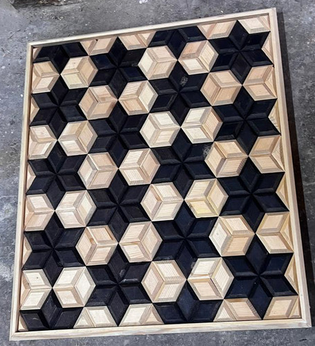 Tumbling-Blocks 3D Wood Mosaic Panel — Ebonised & Beech Geometric Ceiling Feature, Custom Size