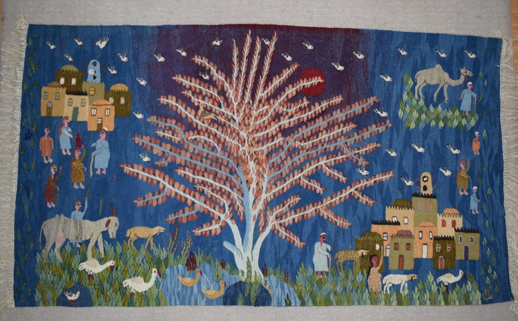 5.1 FT Handwoven Tapestry Wall Art-Egyptian Wool Hanging Kilim Folk Village Life