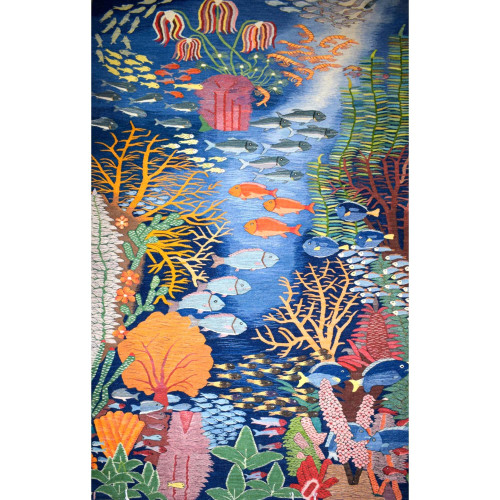 9.2x5.7 ft Extra Large Handwoven Egyptian Wool Tapestry, Coral Reef Wall Hanging, Signed Kilim Rug Folk Art