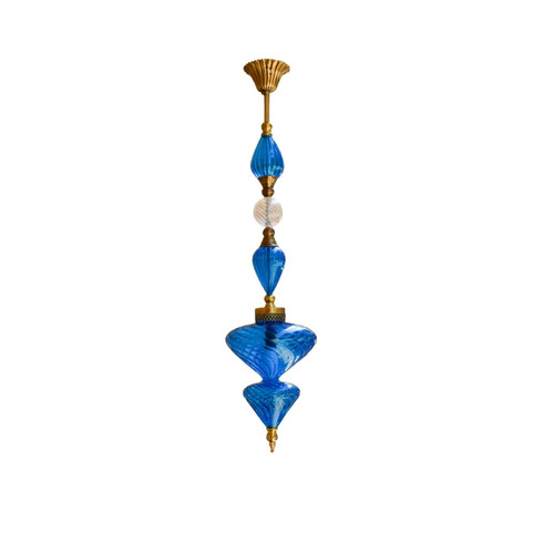 Blue Hand-Blown Glass Pendant Lamp, Moroccan Brass