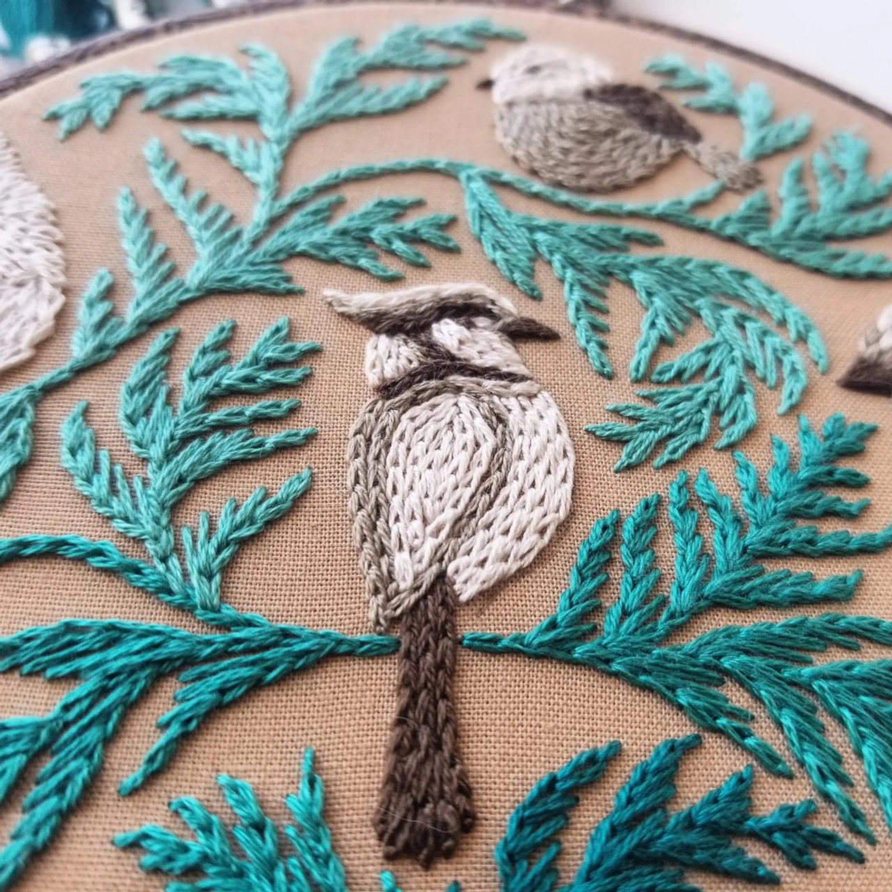 Jessica Long Embroidery Kit Autumn Birds (Grey Blue Fabric) - The Websters