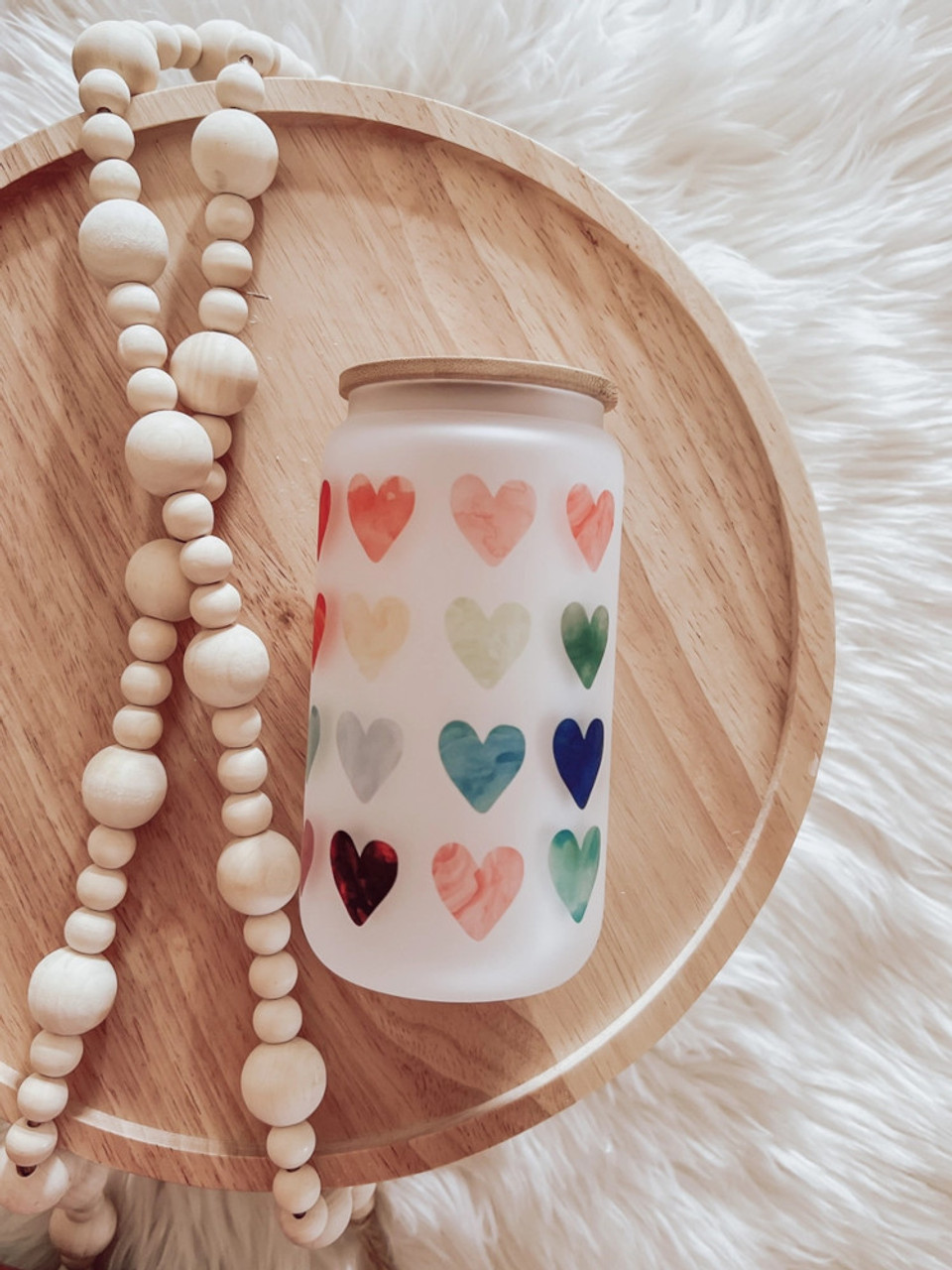 Frosted Can Shaped Glass with Bamboo lid and plastic straw