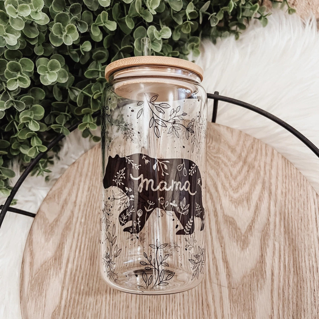 Mama Themed Designs 16oz Glass Tumbler w/ Bamboo Lid & Straw