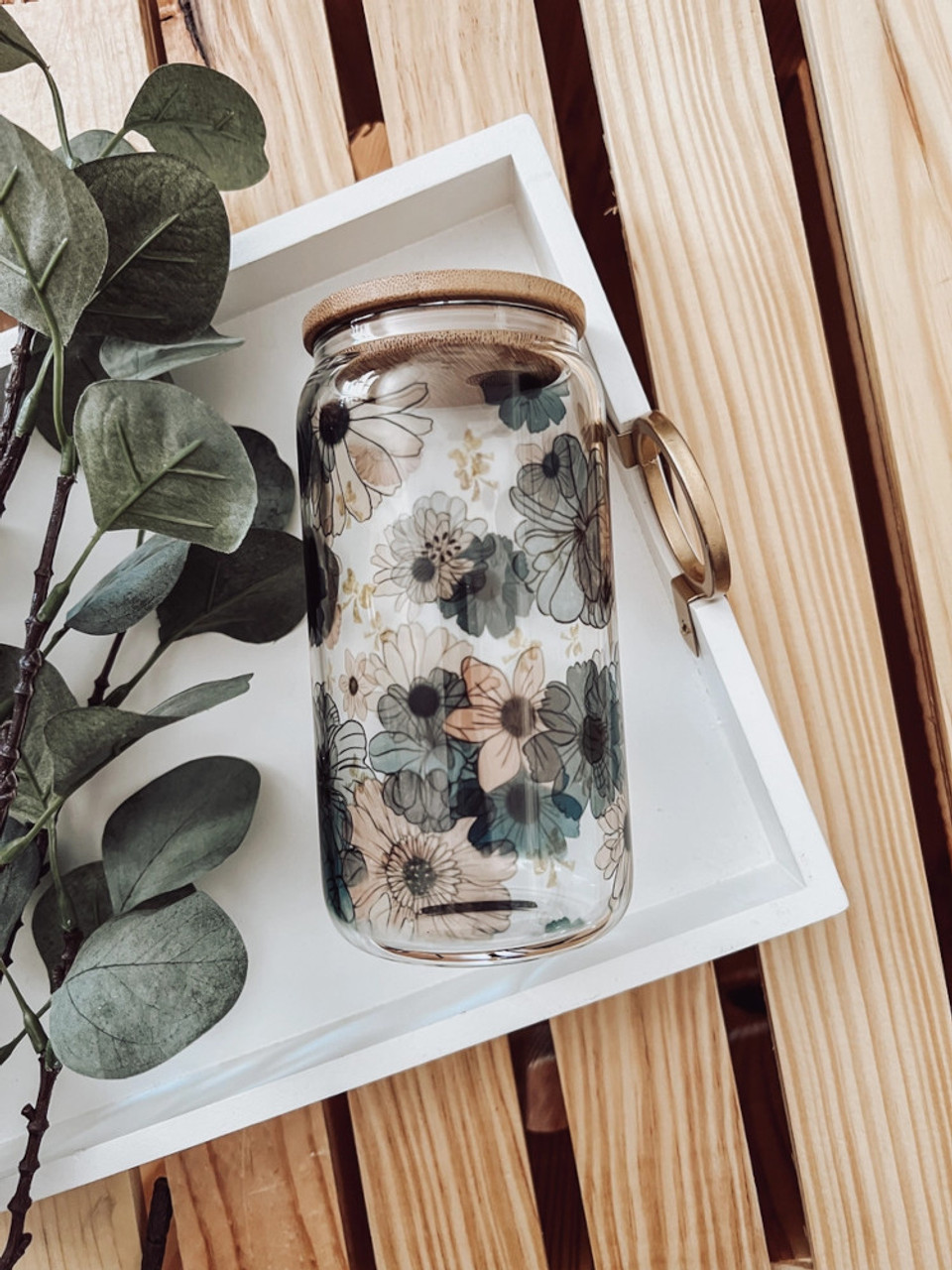 Retro Blue Floral 16 oz Glass Cup with Bamboo Lid