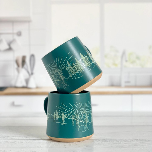 Corvidae Ceramic Mug Camping Scene (Teal w/ Green)