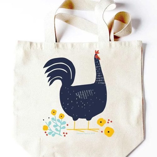 Potluck Press Tote Navy Rooster with Flowers