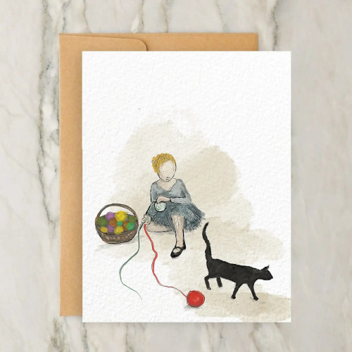 Hudson Illustration Greeting Card (Person Knitting with a Cat)