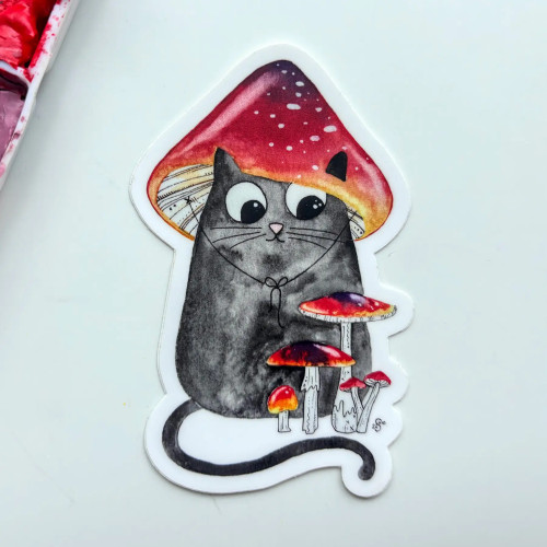 Owlfeathers Watercolor Vinyl Sticker (Black Cat with Red Mushroom)