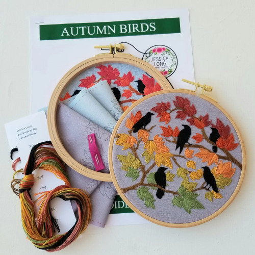 Jessica Long Embroidery Kit Autumn Birds (Grey Blue Fabric)