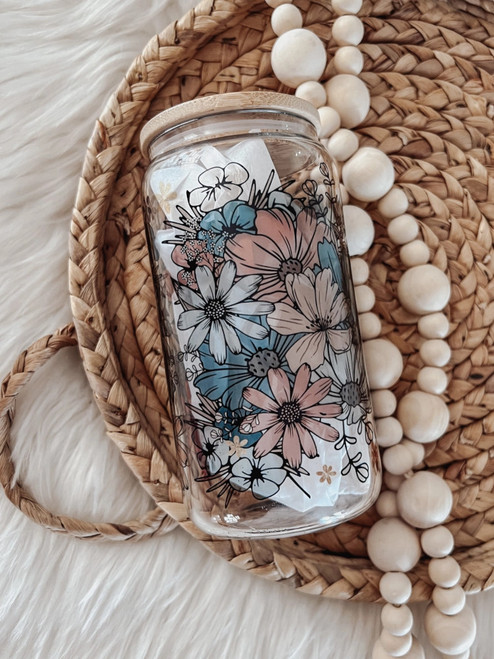 Emma K Designs 16 Ounce Glass Cup Retro Floral