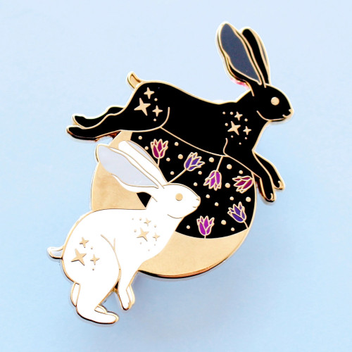 Glitter Punk Enamel Pin Black and White Hares and Moon